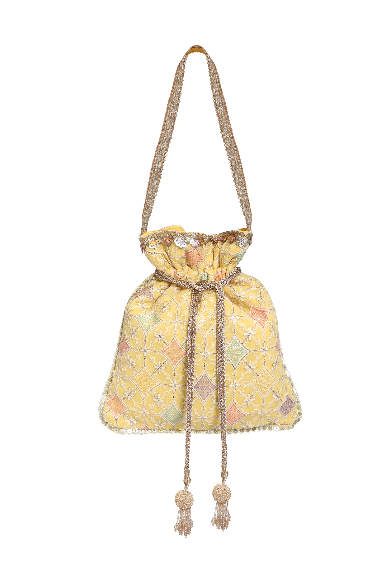 Yellow Silk Embellished Potli by Fuchsia by Aashka Mehta at Pernia's Pop Up Shop