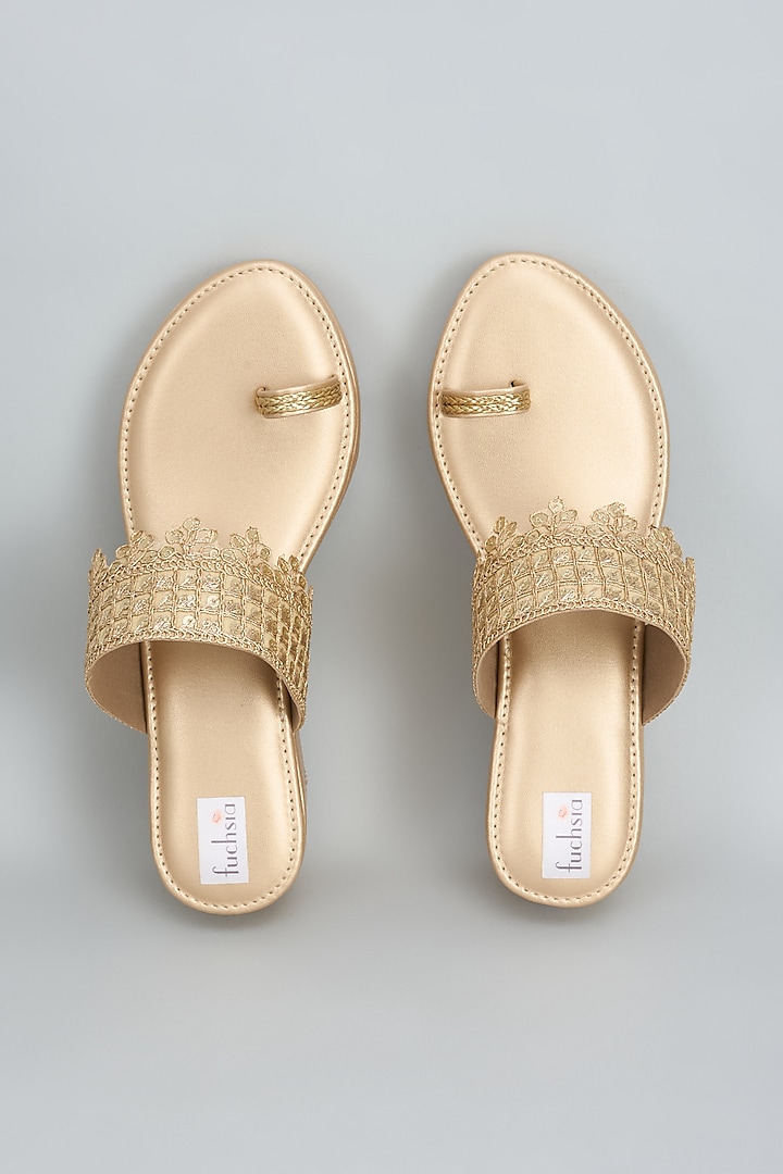 Gold Faux Leather Sequins Embroidered Kolhapuri Wedges by Fuchsia by Aashka Mehta