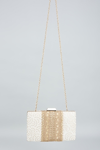 White Georgette Resham Embroidered Box Clutch by Fuchsia by Aashka Mehta