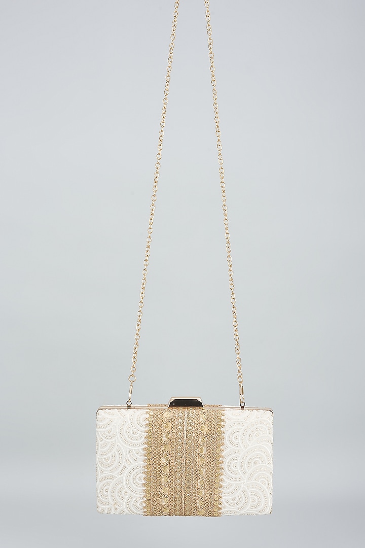 White Georgette Resham Embroidered Box Clutch by Fuchsia by Aashka Mehta at Pernia's Pop Up Shop