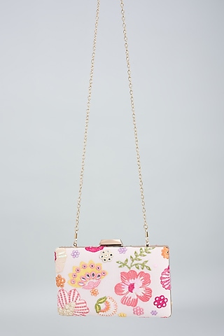 Multi-Colored Georgette Resham Embroidered Box Clutch by Fuchsia by Aashka Mehta