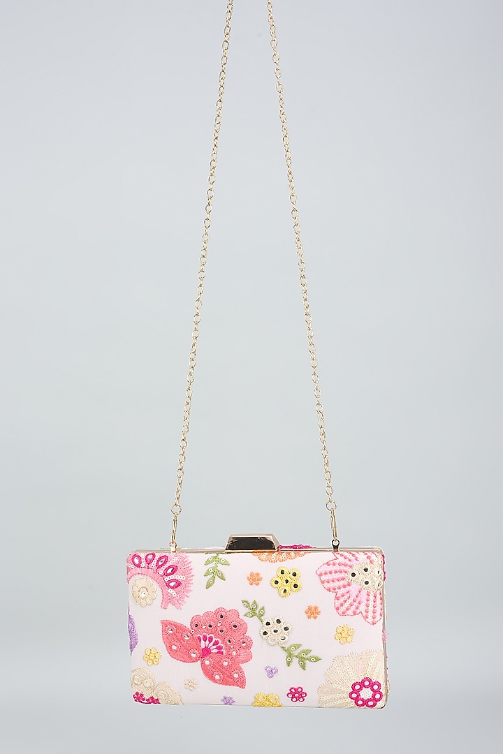 Multi-Colored Georgette Resham Embroidered Box Clutch by Fuchsia by Aashka Mehta at Pernia's Pop Up Shop