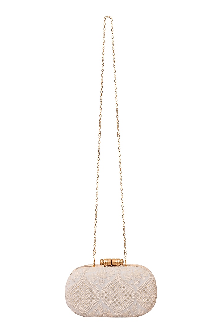 Ivory Embroidered Box Clutch With Chain by Fuchsia by Aashka Mehta at Pernia's Pop Up Shop