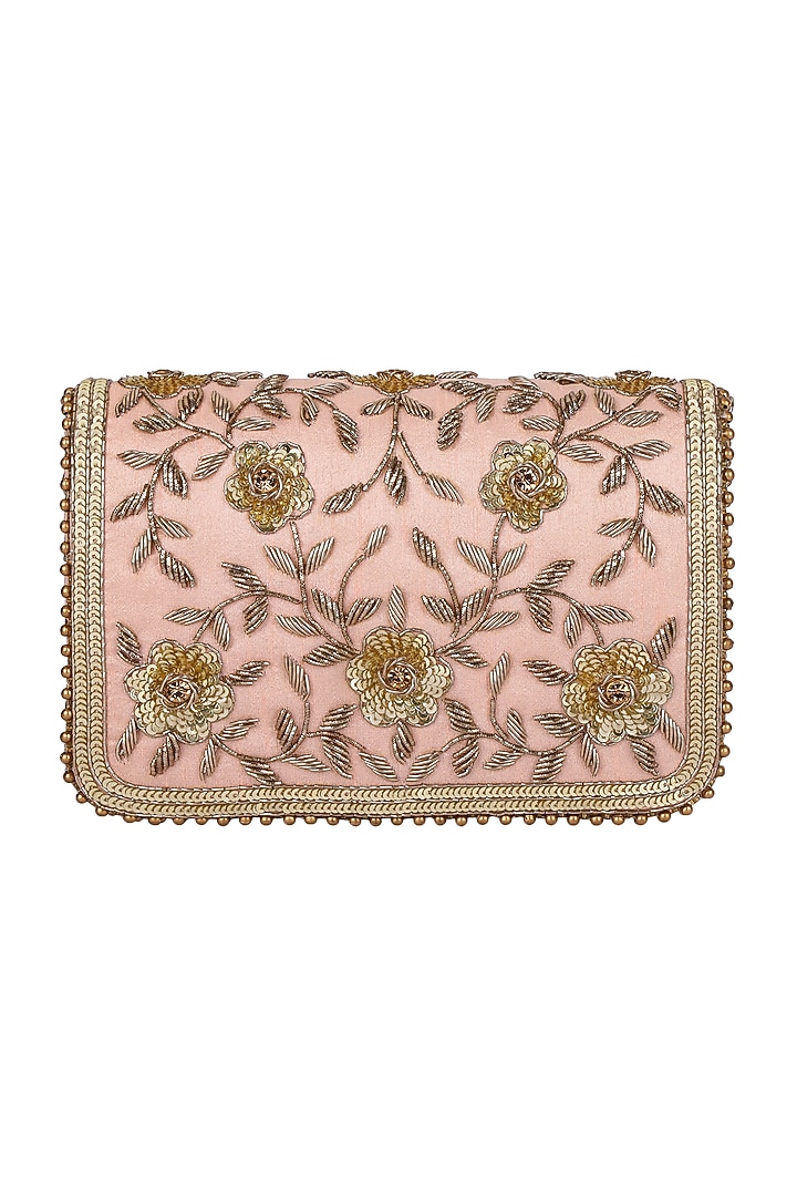 Peach Zardosi Embellished Clutch by Fuchsia by Aashka Mehta at Pernia's Pop Up Shop