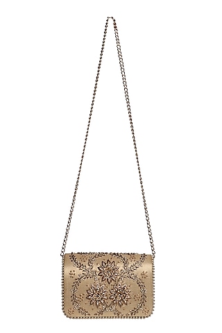 Gold Pearl Embellished Clutch by Fuchsia by Aashka Mehta