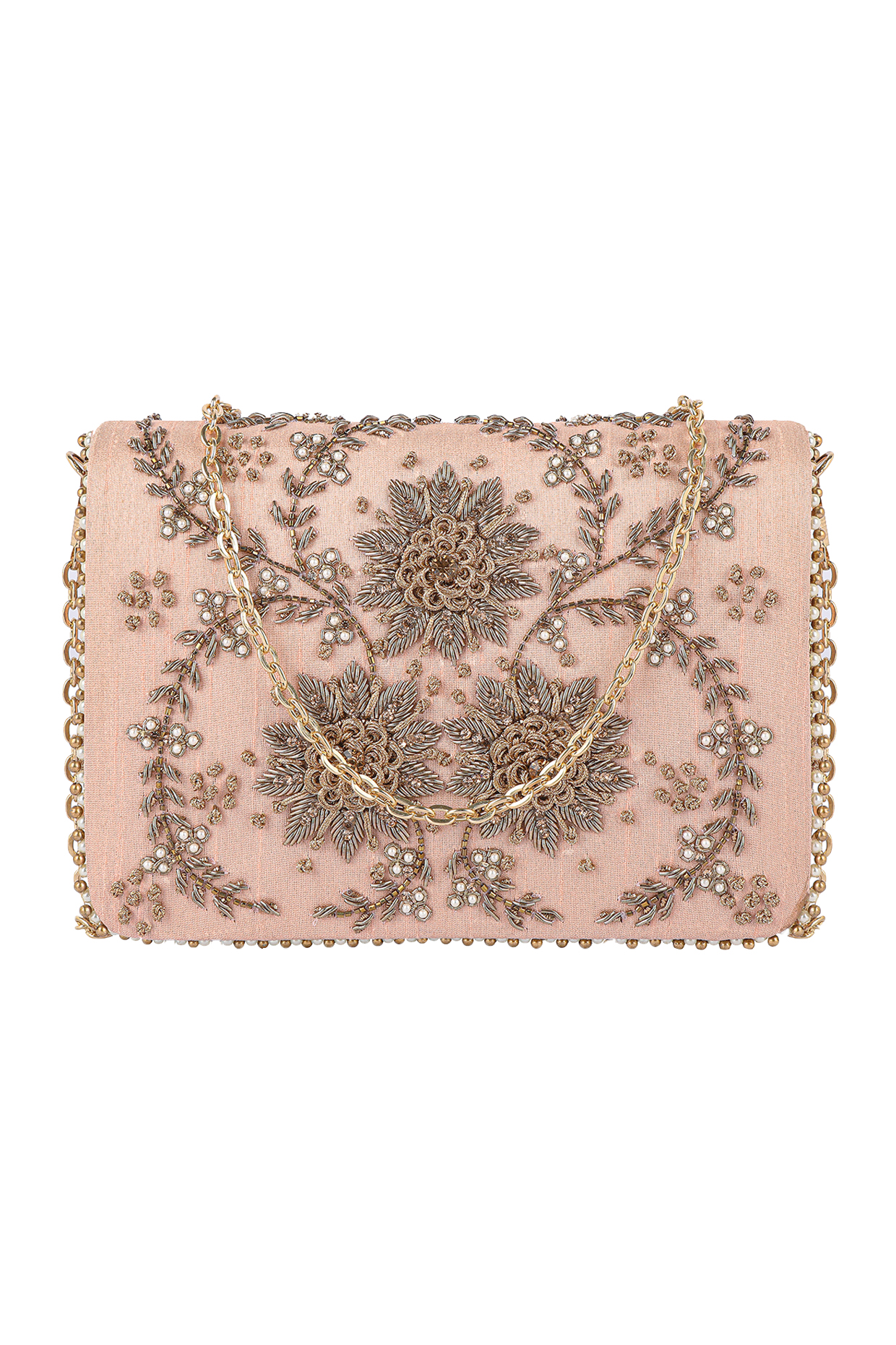 Peach Pearl Embellished Clutch by Fuchsia by Aashka Mehta at Pernia's Pop Up Shop