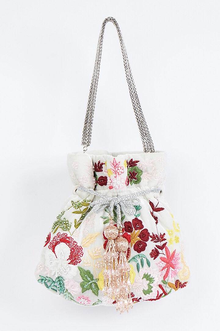 Cream Floral Embroidered Potli by Fuchsia by Aashka Mehta at Pernia's Pop Up Shop