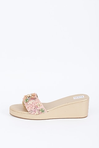 Peach Embroidered Sliders by Fuchsia by Aashka Mehta