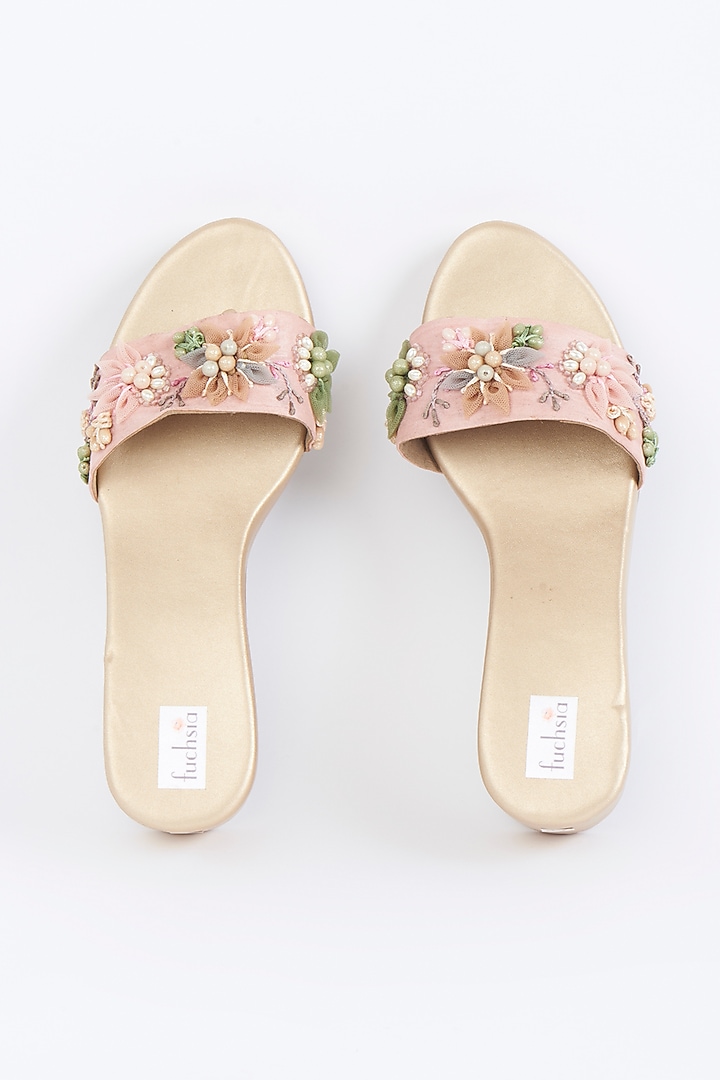 Peach Embroidered Sliders by Fuchsia by Aashka Mehta at Pernia's Pop Up Shop