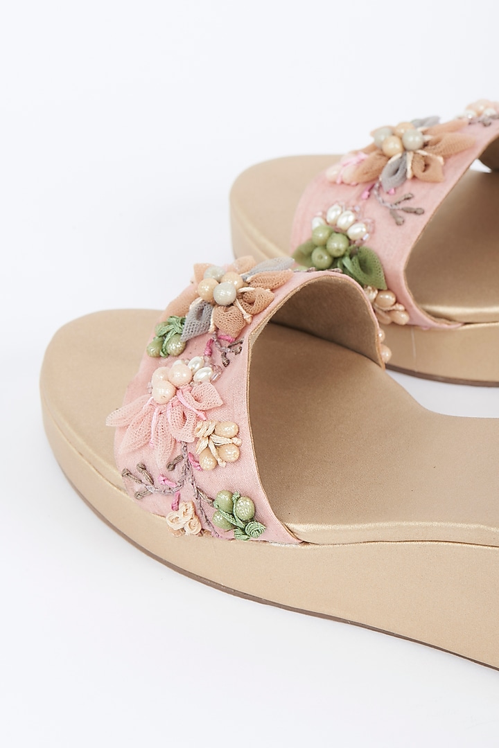 Peach Embroidered Sliders by Fuchsia by Aashka Mehta at Pernia's Pop Up Shop