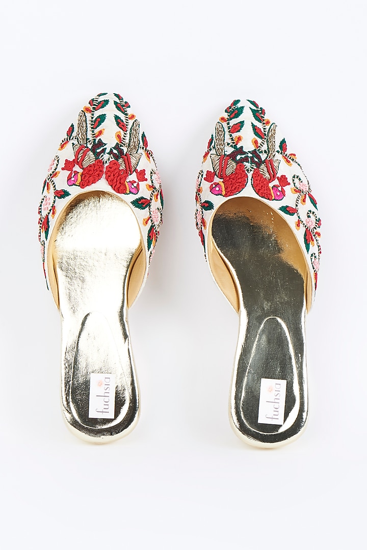 Multi-Colored Hand Embroidered Mules by Fuchsia by Aashka Mehta at Pernia's Pop Up Shop