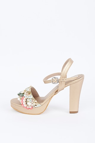 Beige Embroidered Block Heels by Fuchsia by Aashka Mehta