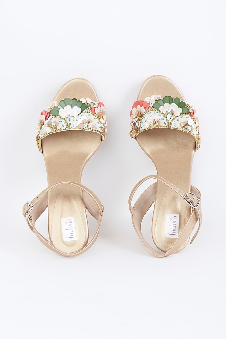 Beige Embroidered Block Heels by Fuchsia by Aashka Mehta at Pernia's Pop Up Shop
