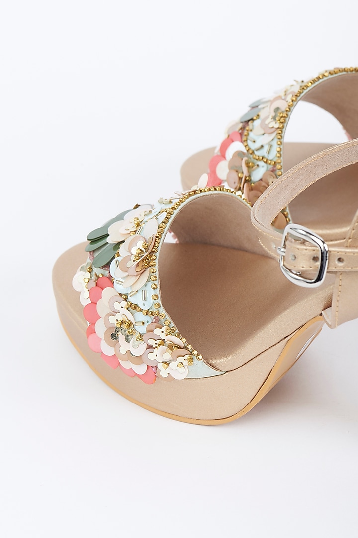 Beige Embroidered Block Heels by Fuchsia by Aashka Mehta at Pernia's Pop Up Shop