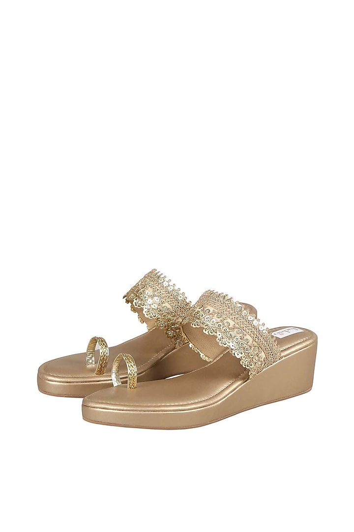 Gold Faux Leather Embellished Kolhapuri Wedges by Fuchsia by Aashka Mehta at Pernia's Pop Up Shop