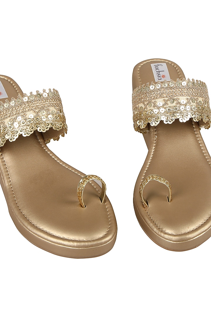 Gold Faux Leather Embellished Kolhapuri Wedges by Fuchsia by Aashka Mehta at Pernia's Pop Up Shop