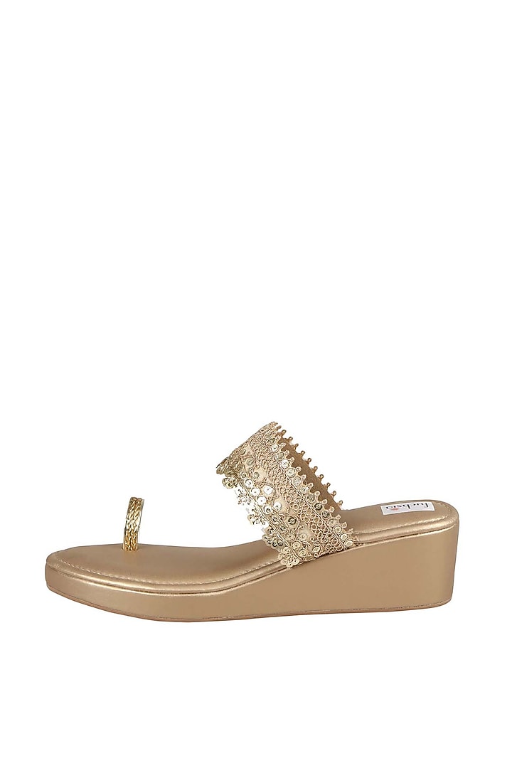 Gold Faux Leather Embellished Kolhapuri Wedges by Fuchsia by Aashka Mehta at Pernia's Pop Up Shop