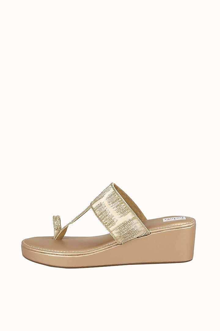 Gold Velvet Embellished Kolhapuri Wedges by Fuchsia by Aashka Mehta at Pernia's Pop Up Shop