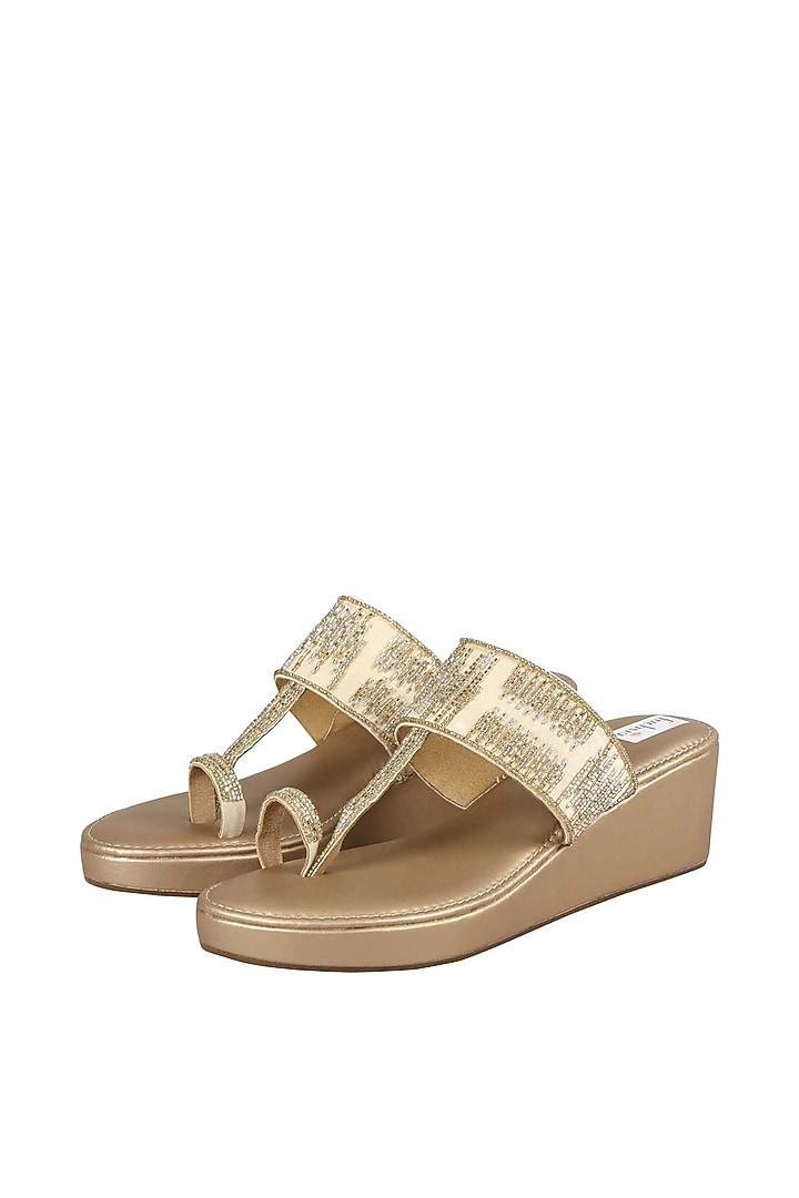 Gold Velvet Embellished Kolhapuri Wedges by Fuchsia by Aashka Mehta at Pernia's Pop Up Shop