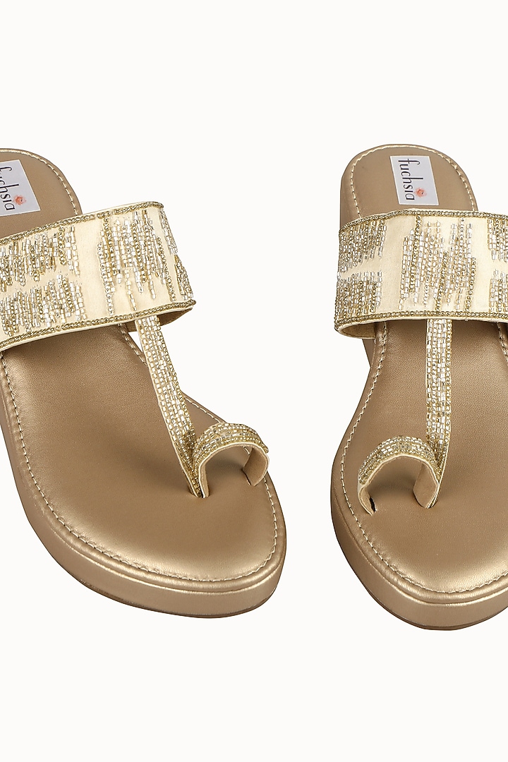 Gold Velvet Embellished Kolhapuri Wedges by Fuchsia by Aashka Mehta at Pernia's Pop Up Shop
