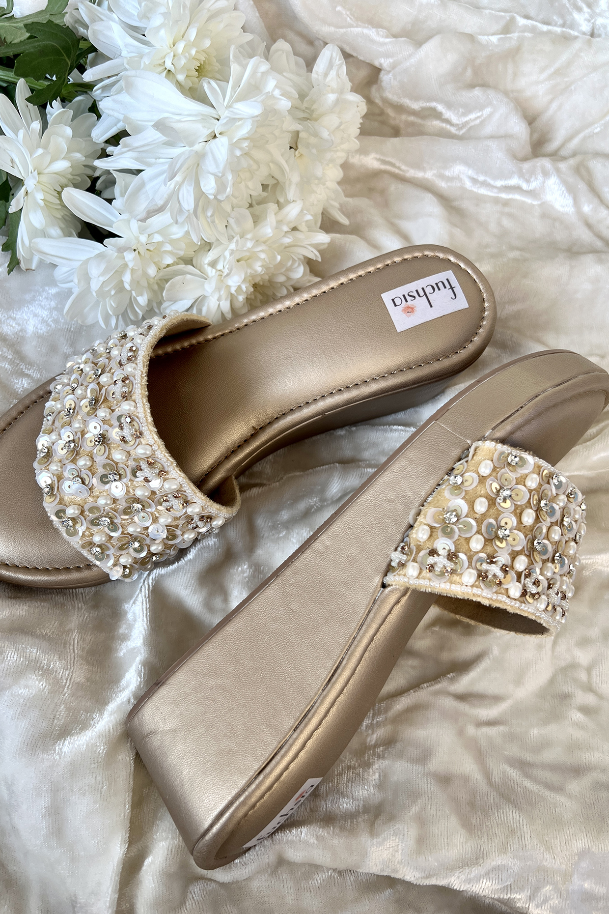 Gold Velvet Embellished Wedges by Fuchsia by Aashka Mehta at Pernia's Pop Up Shop