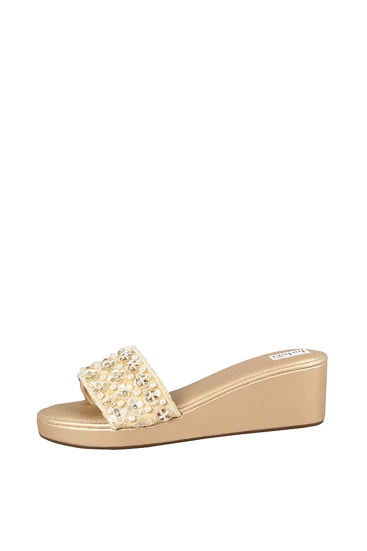Gold Velvet Embellished Wedges by Fuchsia by Aashka Mehta at Pernia's Pop Up Shop
