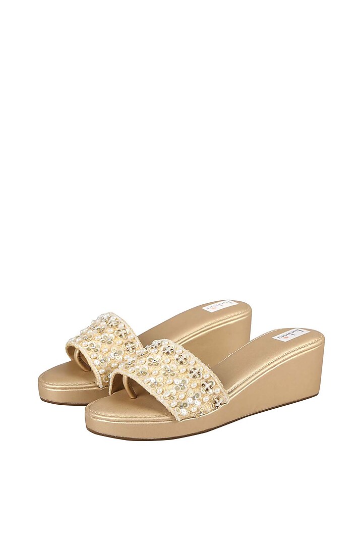 Gold Velvet Embellished Wedges by Fuchsia by Aashka Mehta at Pernia's Pop Up Shop
