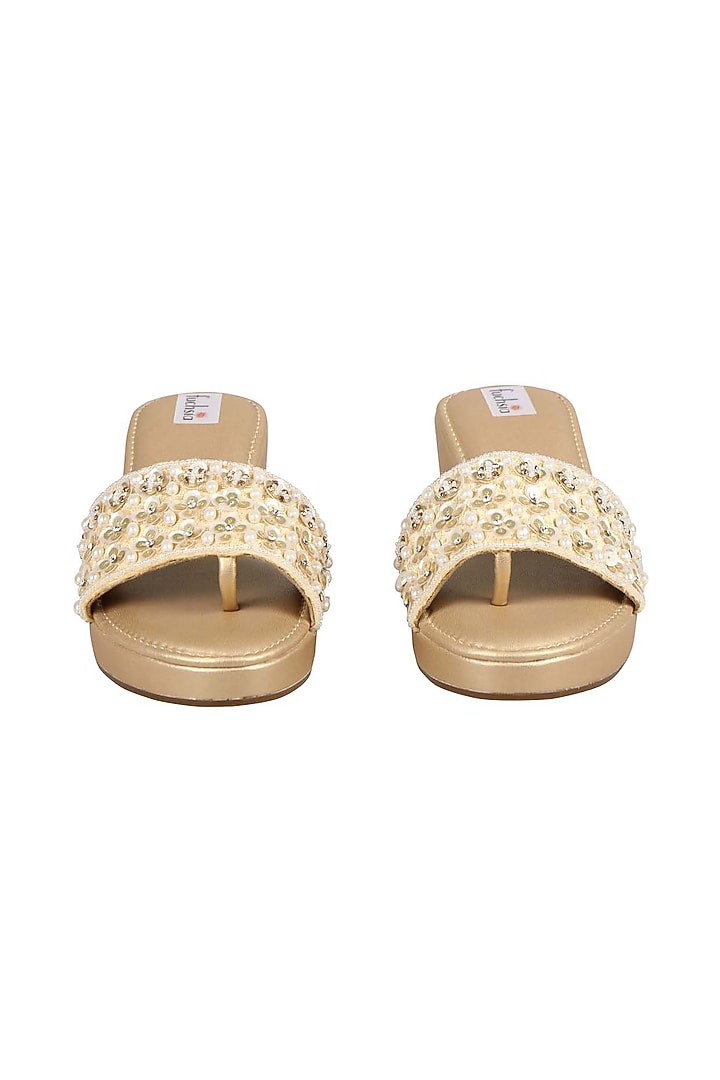 Gold Velvet Embellished Wedges by Fuchsia by Aashka Mehta at Pernia's Pop Up Shop