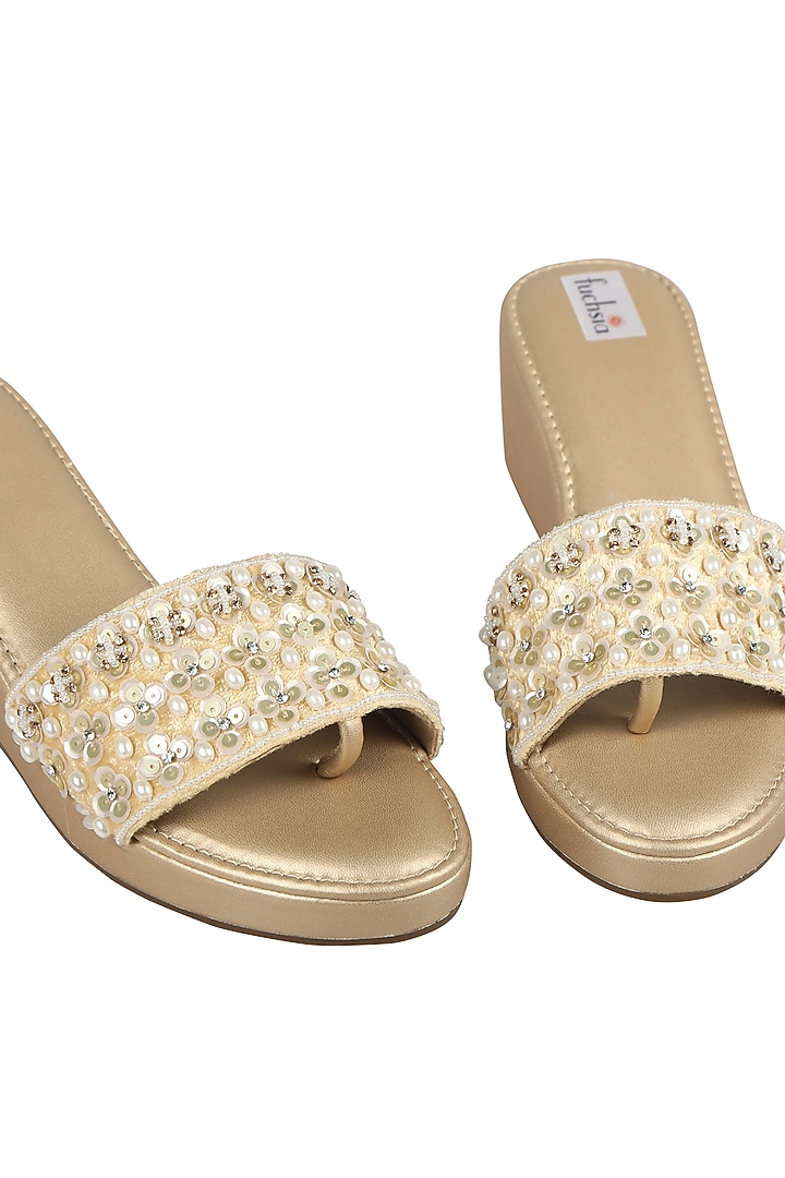 Gold Velvet Embellished Wedges by Fuchsia by Aashka Mehta at Pernia's Pop Up Shop