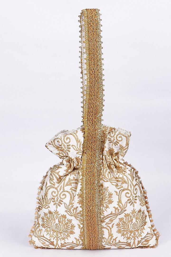Gold Silk Embroidered Potli Bag by Fuchsia by Aashka Mehta at Pernia's Pop Up Shop