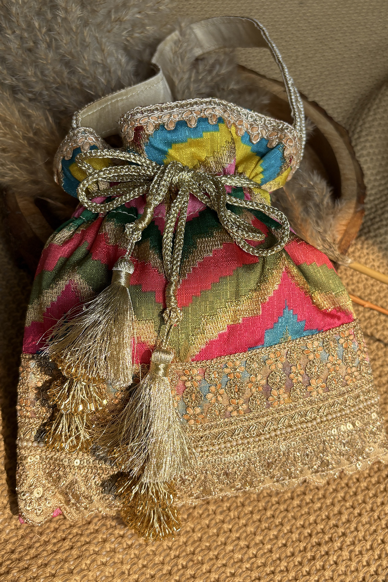 Multi-Colored Silk Embroidered Potli Bag by Fuchsia by Aashka Mehta at Pernia's Pop Up Shop
