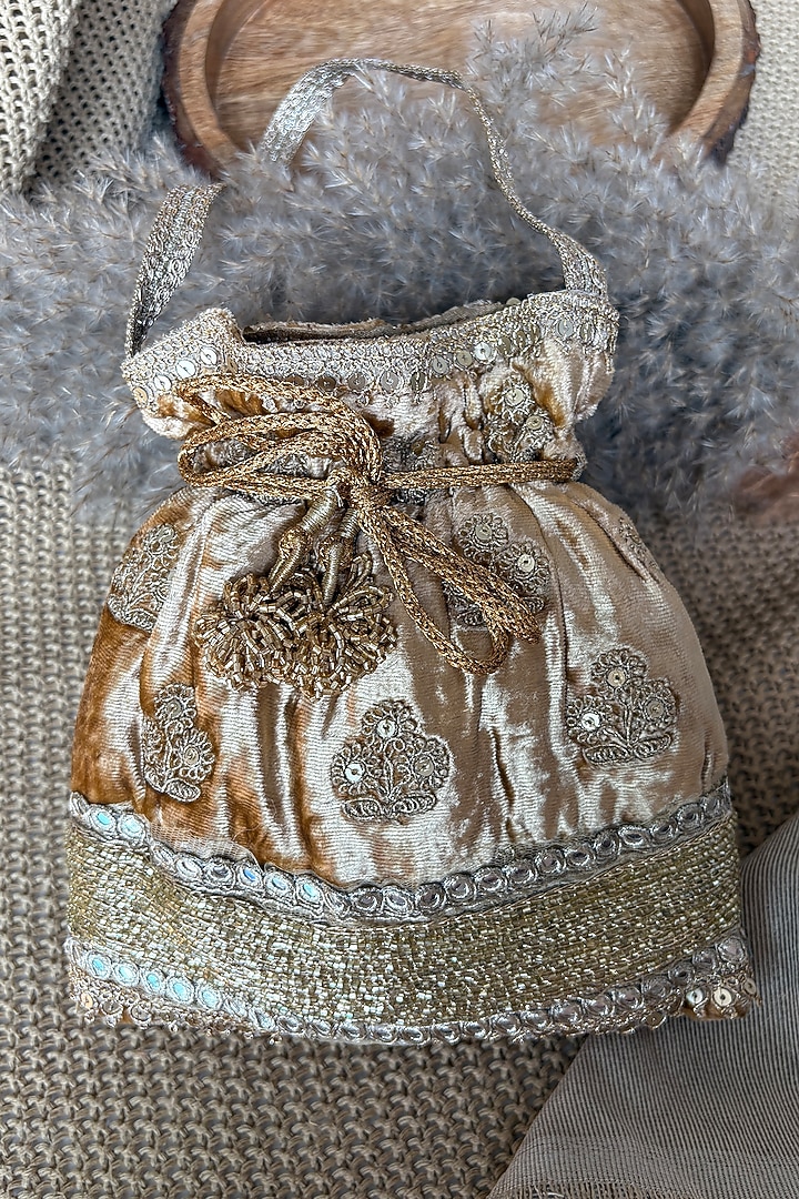 Gold Silk Embroidered Potli Bag by Fuchsia by Aashka Mehta at Pernia's Pop Up Shop