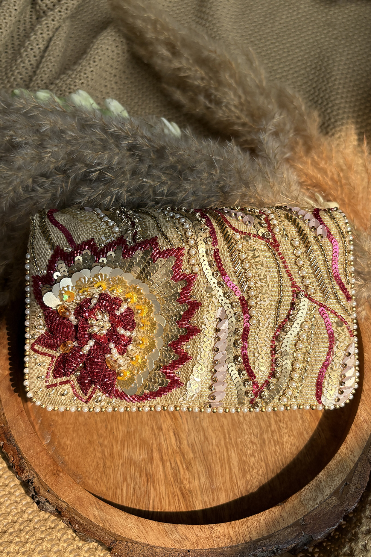 Multi-Colored Silk Pearl Embroidered Clutch Bag by Fuchsia by Aashka Mehta at Pernia's Pop Up Shop