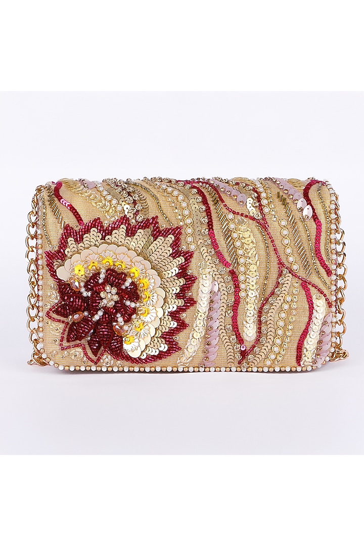 Multi-Colored Silk Pearl Embroidered Clutch Bag by Fuchsia by Aashka Mehta at Pernia's Pop Up Shop