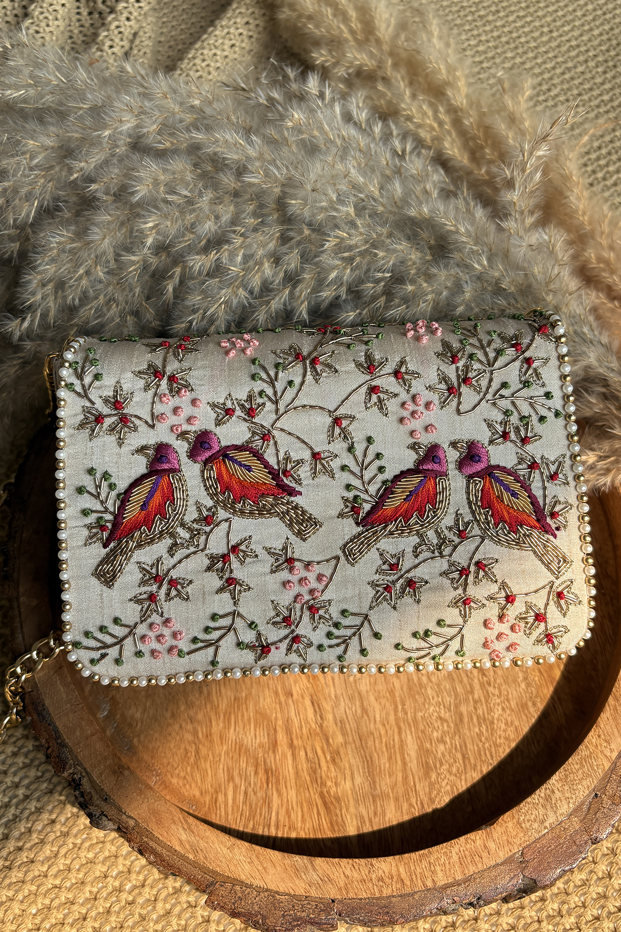 Multi-Colored Silk Pearl Embroidered Clutch Bag by Fuchsia by Aashka Mehta at Pernia's Pop Up Shop