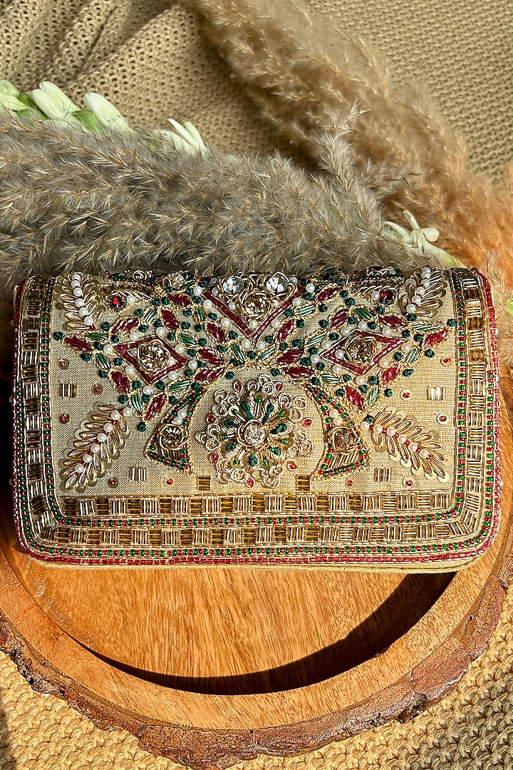 Multi-Colored Silk Pearl Embroidered Clutch Bag by Fuchsia by Aashka Mehta at Pernia's Pop Up Shop