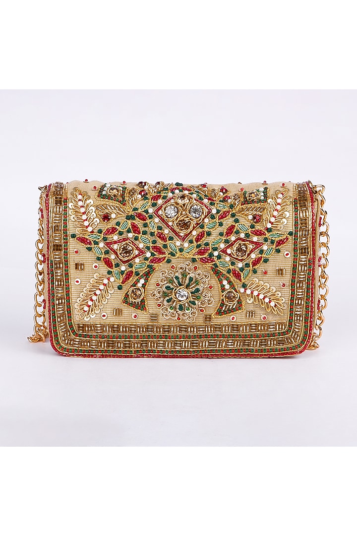 Multi-Colored Silk Pearl Embroidered Clutch Bag by Fuchsia by Aashka Mehta at Pernia's Pop Up Shop
