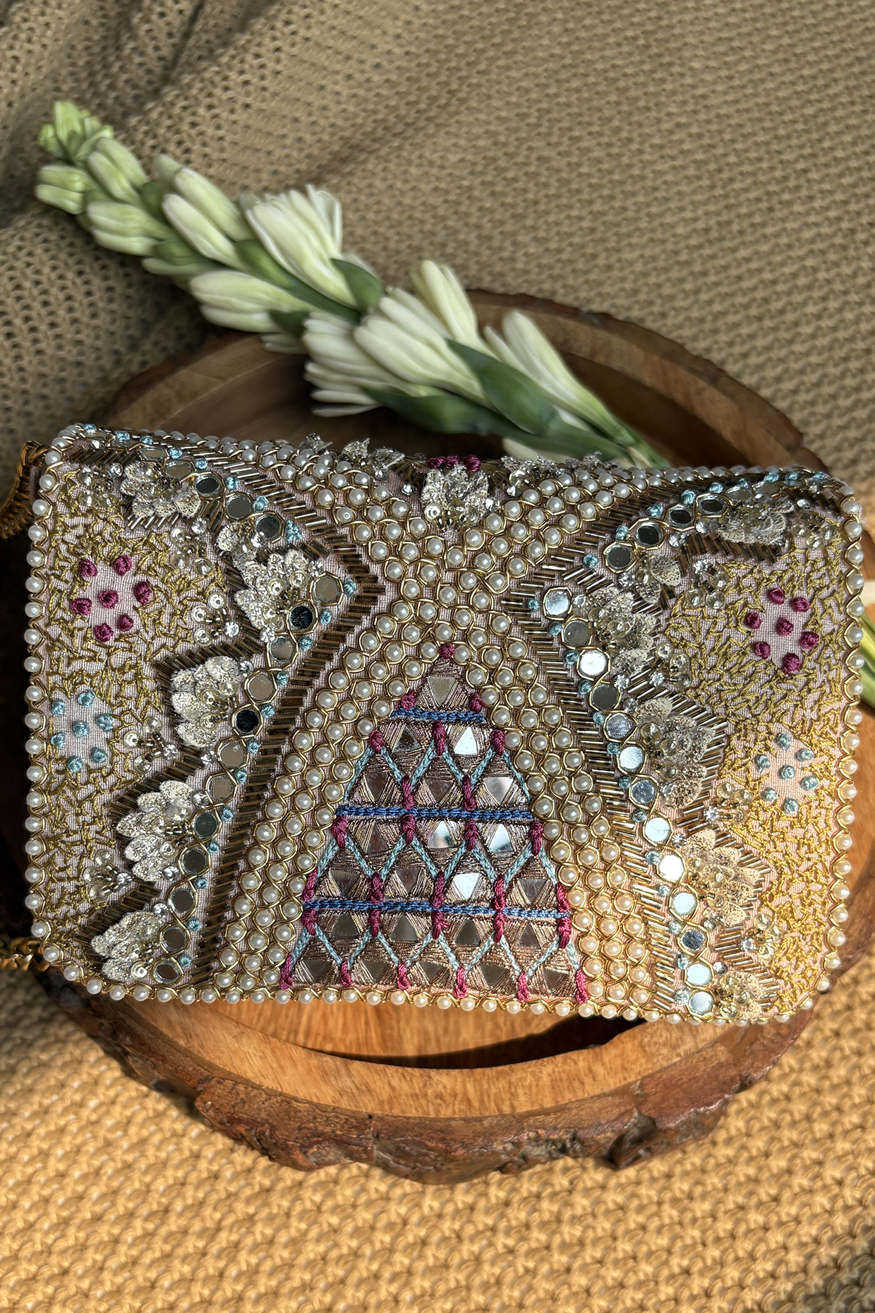 Multi-Colored Silk Pearl Embroidered Clutch Bag by Fuchsia by Aashka Mehta at Pernia's Pop Up Shop