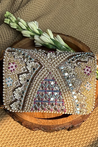 Multi-Colored Silk Pearl Embroidered Clutch Bag by Fuchsia by Aashka Mehta