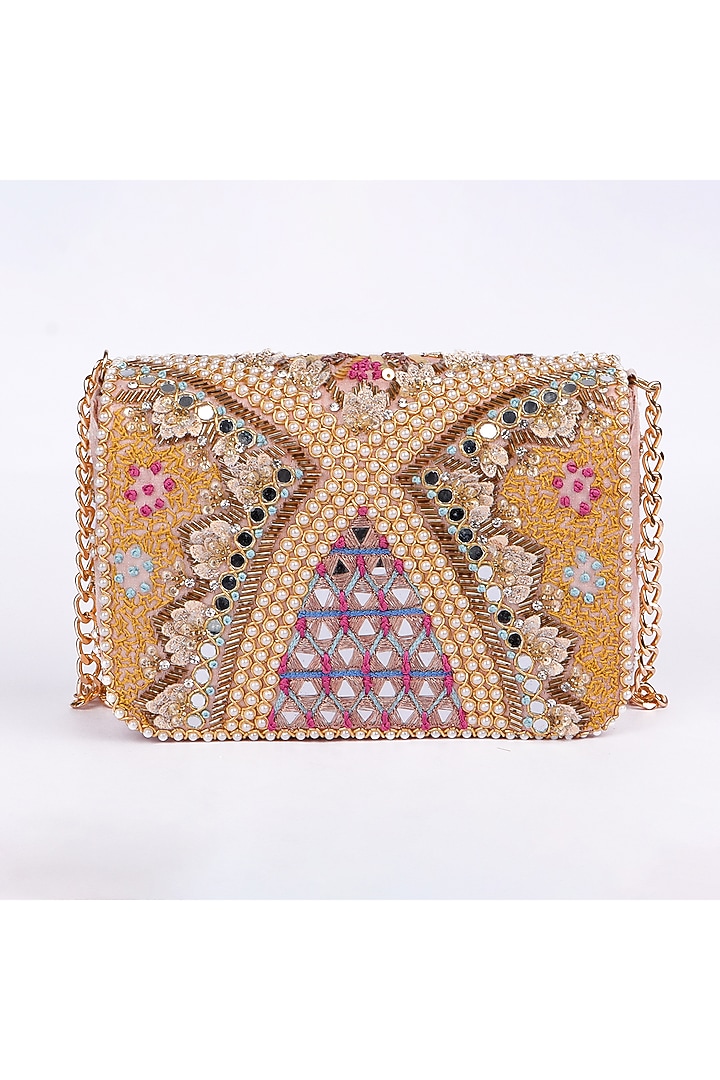 Multi-Colored Silk Pearl Embroidered Clutch Bag by Fuchsia by Aashka Mehta at Pernia's Pop Up Shop