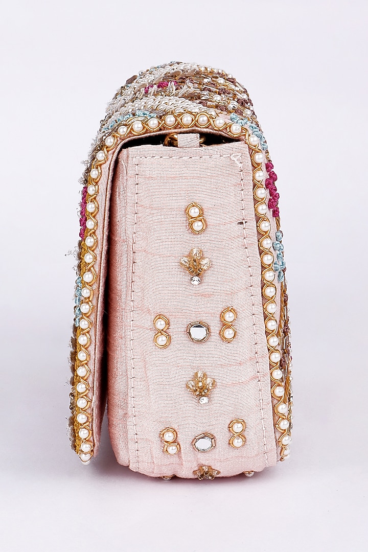 Multi-Colored Silk Pearl Embroidered Clutch Bag by Fuchsia by Aashka Mehta at Pernia's Pop Up Shop