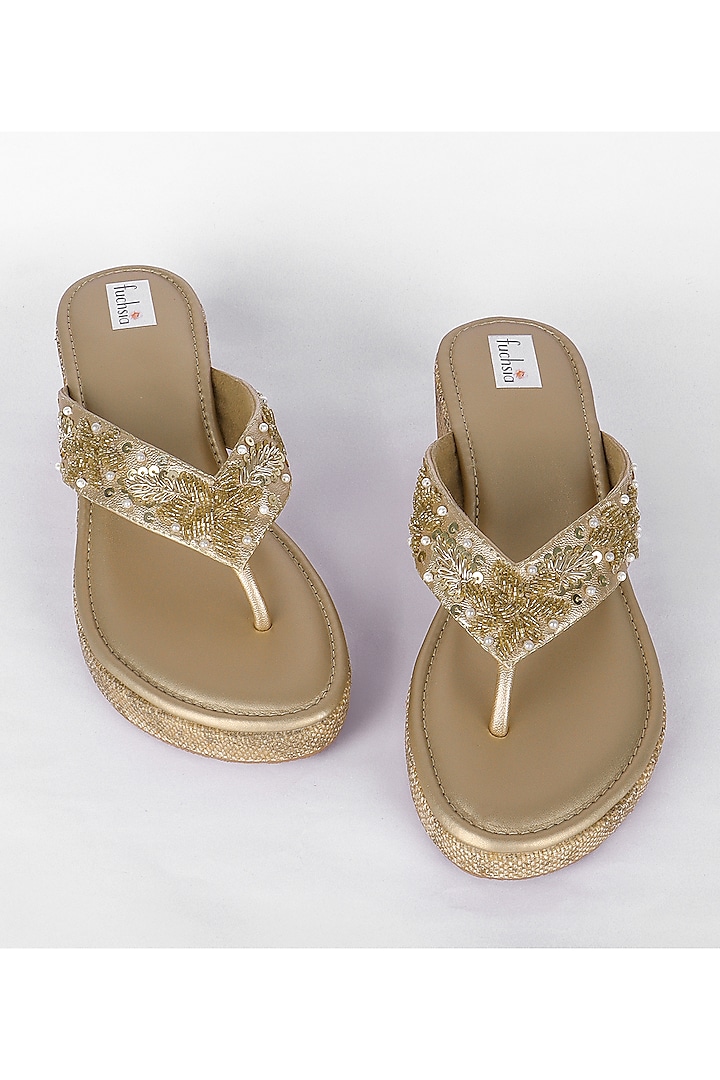 Gold Vegan Leather Zardosi Embellished Heels by Fuchsia by Aashka Mehta at Pernia's Pop Up Shop