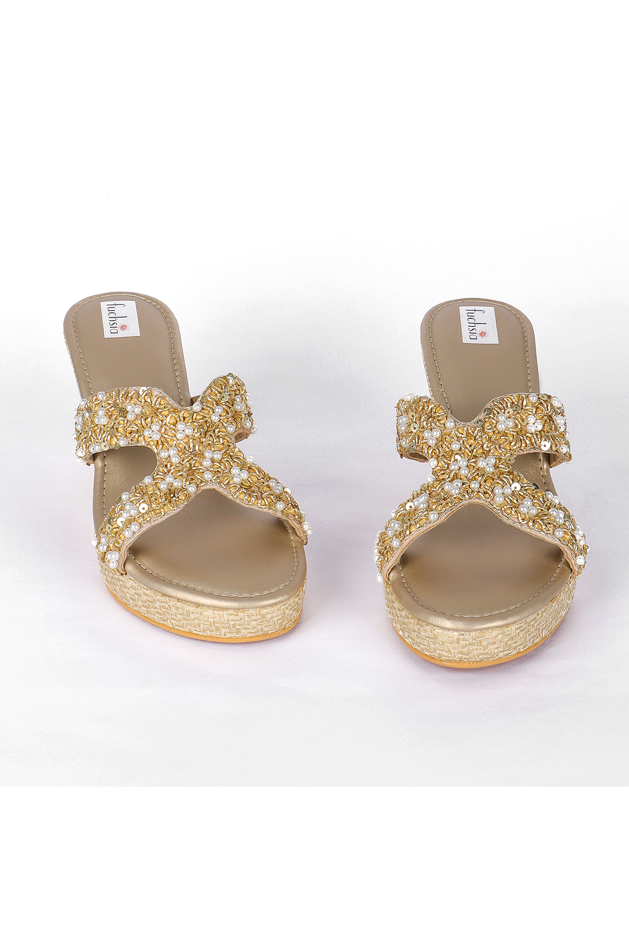 Golden Silk Embellished Wedges by Fuchsia by Aashka Mehta at Pernia's Pop Up Shop