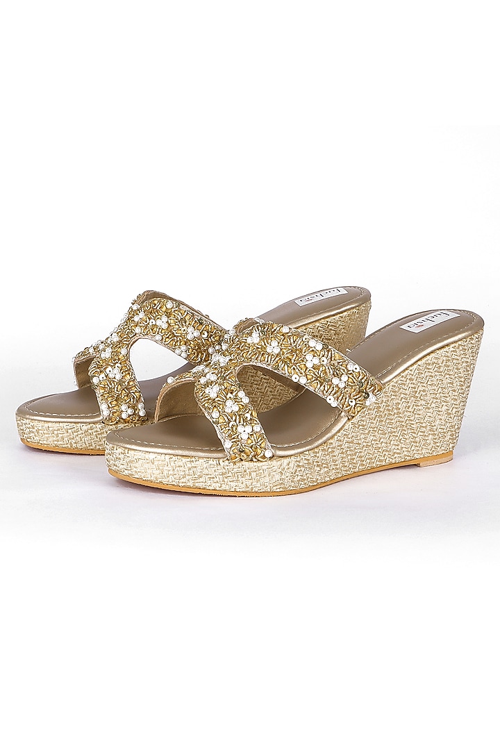 Golden Silk Embellished Wedges by Fuchsia by Aashka Mehta at Pernia's Pop Up Shop