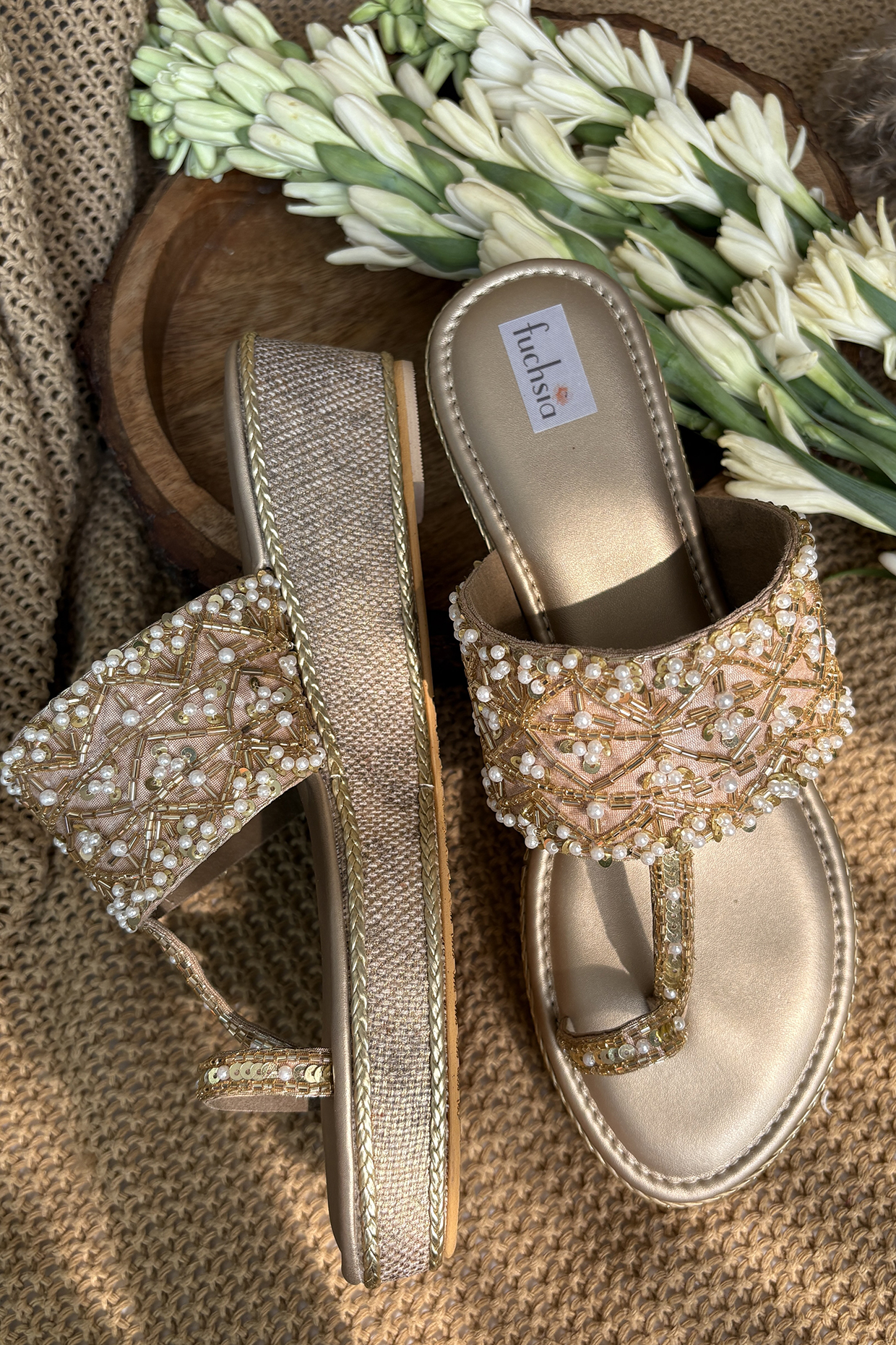 Golden Silk Embellished Kolhapuri Wedges by Fuchsia by Aashka Mehta at Pernia's Pop Up Shop