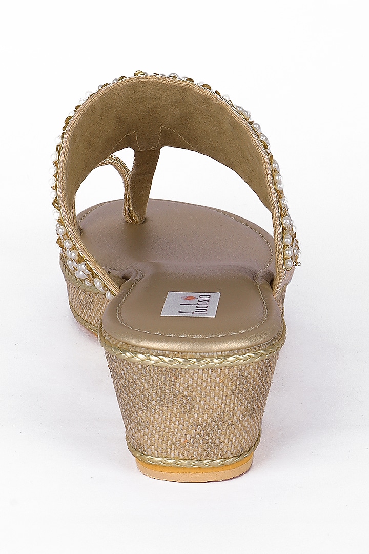 Golden Silk Embellished Kolhapuri Wedges by Fuchsia by Aashka Mehta at Pernia's Pop Up Shop