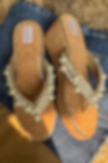 Brown & White PU Leather Pearl Embellished Sandals by Fuchsia by Aashka Mehta at Pernia's Pop Up Shop