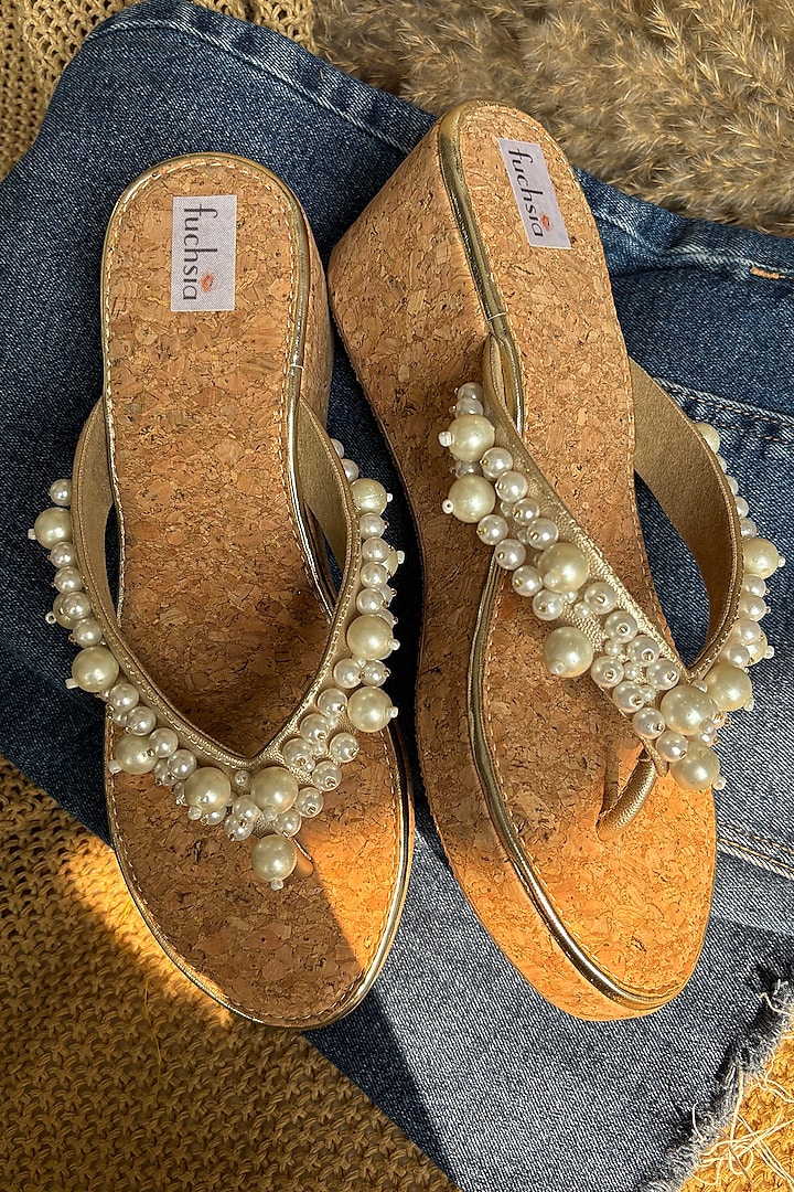Brown & White PU Leather Pearl Embellished Sandals by Fuchsia by Aashka Mehta at Pernia's Pop Up Shop