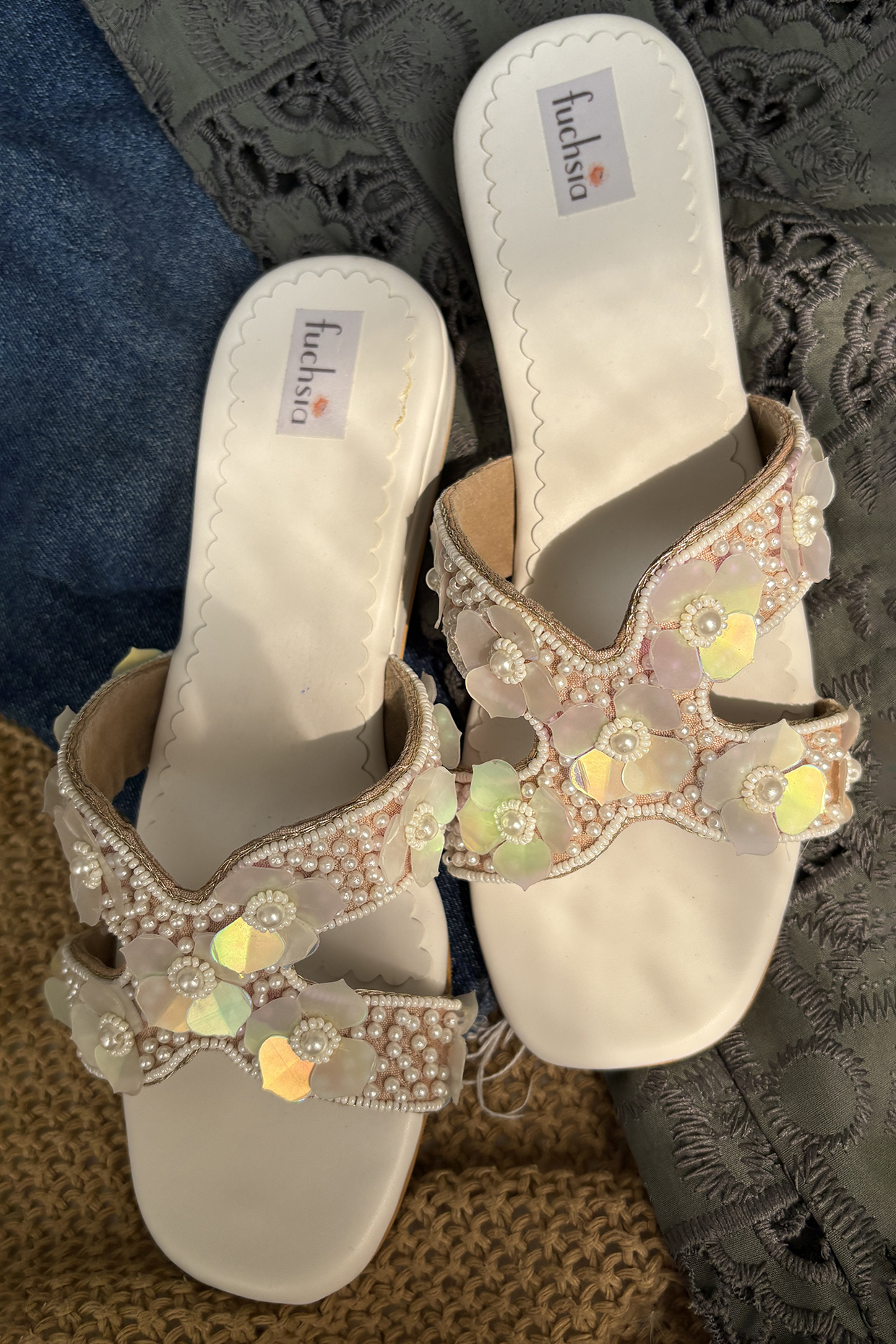 White Silk Embellished Sandals by Fuchsia by Aashka Mehta at Pernia's Pop Up Shop