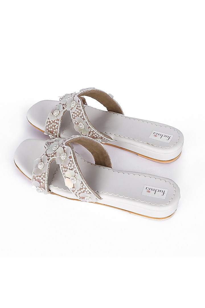 White Silk Embellished Sandals by Fuchsia by Aashka Mehta at Pernia's Pop Up Shop